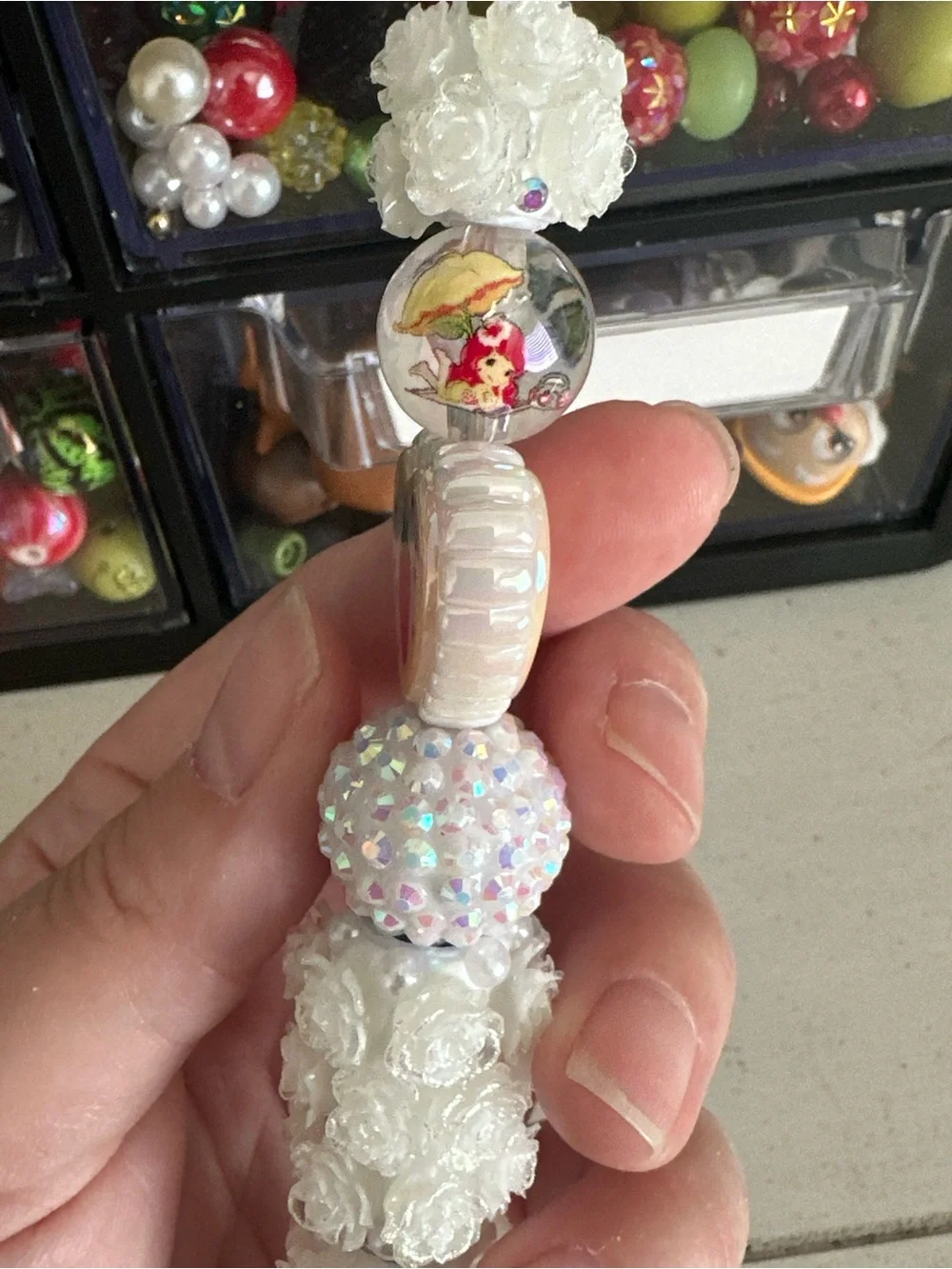 Handmade White Floral Heart Beaded Pen with Strawberry accent